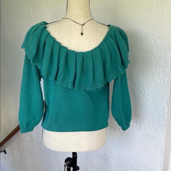 Vintage Big City Sweater Womens Medium Ruffle Teal Granny Cottage Feminine USA - Picture 3 of 6